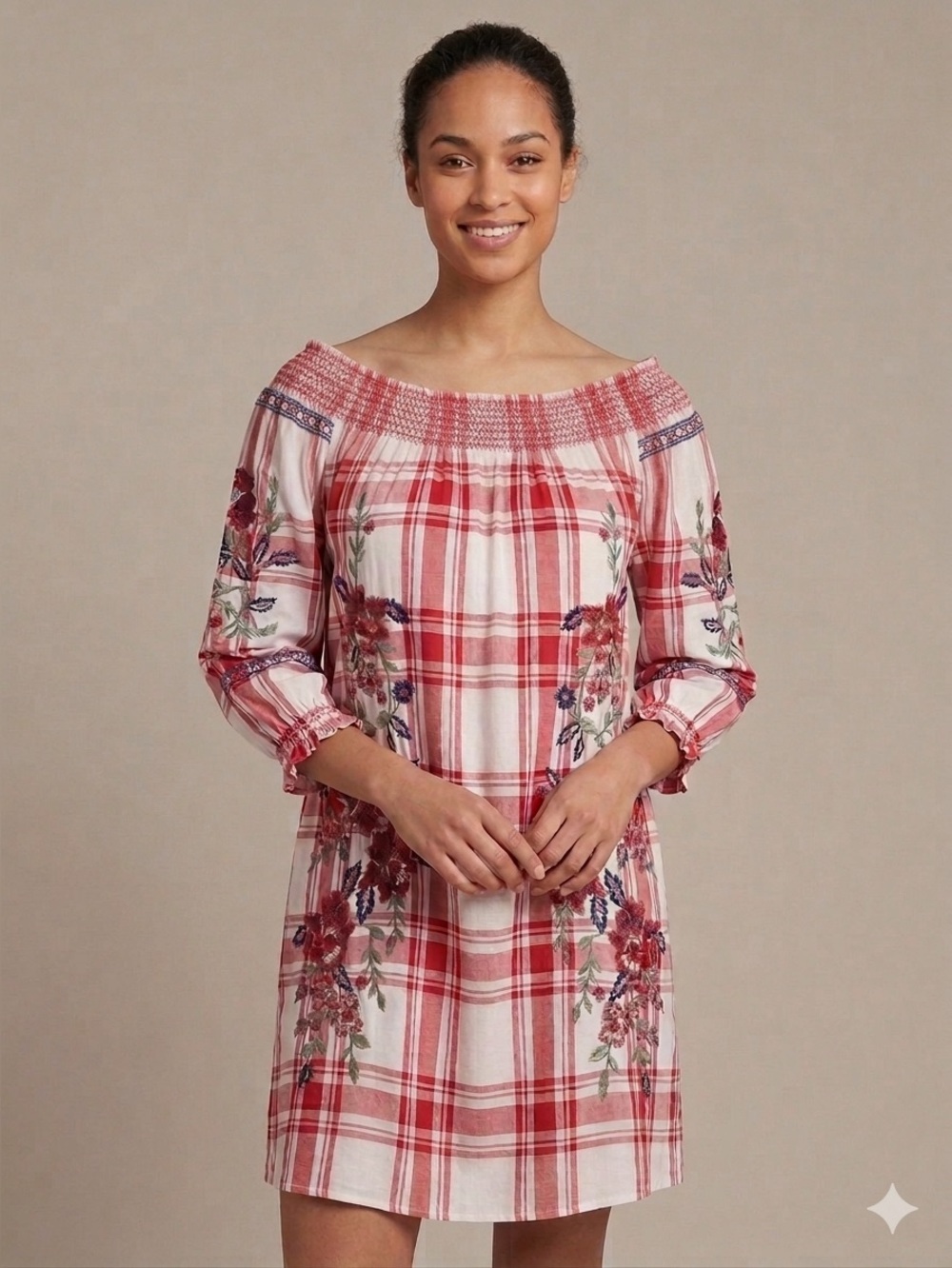 Zara Red White Plaid Off-Shoulder Mini Dress Embroidery Gingham Cottagecore